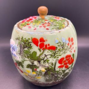Glazed Gilded Floral Ginger Jar Small Ceramic Covered Pot In Celadon Pink Flower